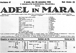Programska cedulja s praizvedbe opere Adel i Mara u Ljubljani 30. studenoga 1932. godine