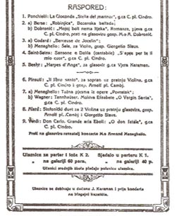 Programska cedulja Velikog koncerta Cvijete pl. Cindro 6. listopada 1912.