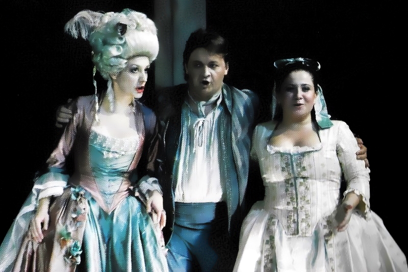 Adema Pljevljak (Grofica), Davor Radić (Figaro) i Valentina Fijačko (Suzana), Wolfgang Amadeus Mozart, <em>Figarov pir</em>, Narodno pozorište u Sarajevu, premijera 2003.