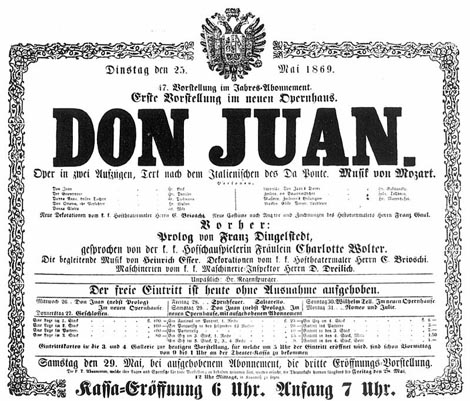 Programska cedulja prve predstave u novoj zgradi bečke Dvorske opere 25. svibnja 1869. - Wolfgang Amadeus Mozart, Don Juan (Don Giovanni)