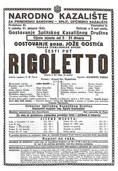Programska cedulja izvedbe opere Rigoletto u Narodnom kazalištu Split 21. siječnja 1933. – Elza Karlovac (Maddalena)