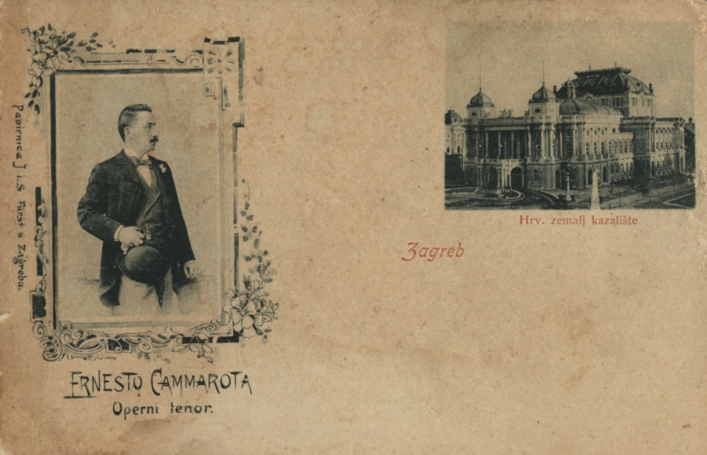 Razglednica Hrvatskog zemaljskog kazališta u Zagrebu s likom Ernesta Cammarote