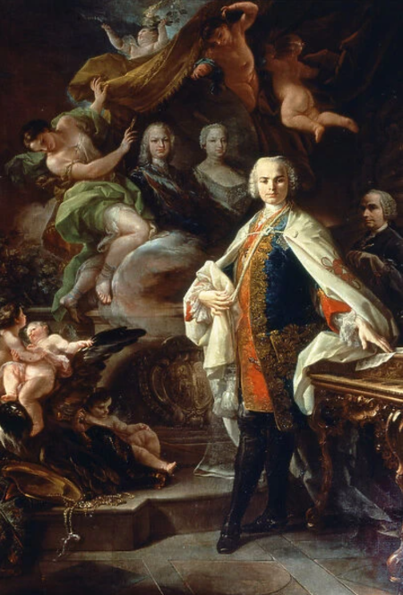 Portret Farinellija na vrhuncu slave, odjeven u odoru Reda vitezova Calatrave, ispred portreta Ferdinanda VI. i Barbare Braganze Portugalske
