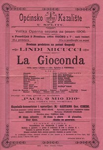 Programska cedulja izvedbe Gioconde u Splitu 1906.