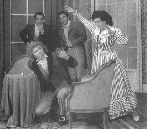 Franjo Godec (Don Pasquale), Vladimir Košir (Dr. Malatesta), Sandi Bostjančič (Ernesto) i Irma Demoris (Norina) – Gaetano Donizetti, Don Pasquale, Narodno kazalište „Ivana Zajca“, Rijeka, premijera 26. studenoga 1960.