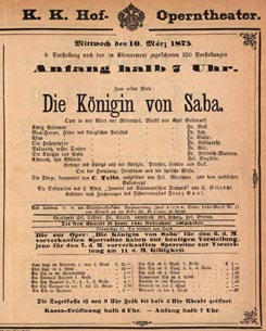 Programska cedulja s praizvedbe opere Kraljica od Sabe 10. ožujka 1875.