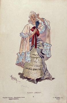 kostimografska skica kostima Manon Lescaut u 2. činu za praizvedbu opere, kostimograf: Adolf Hohenstein