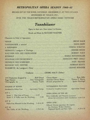 Programska cedulja izvedbe opere Tannhäuser Richarda Wagnera u Metropolitan operi 17. prosinca 1960.