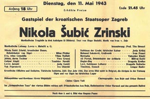 Programska cedulja s gostovanja Hrvatskog državnog kazališta iz Zagreba s operom Nikola Šubić Zrinjski u Beču 11. svibnja 1943.