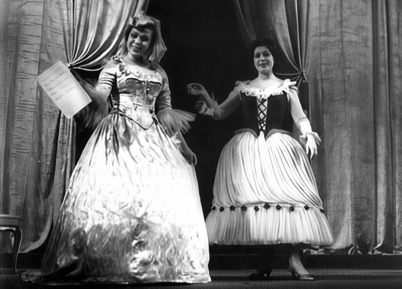 Blaženka Cigić-Milić (Grofica) i Mirjana Bohanec (Susanna), Wolfgang Amadeus Mozart, <em>Figarov pir</em>, produkcija Muzičke akademije u Zagrebu, premijera 1967.