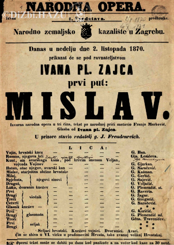 Programska cedulja; Gerbič kao Miloj na praizvedbi opere <em>Mislav</em> Ivana pl. Zajca, 2. listopada 1870.