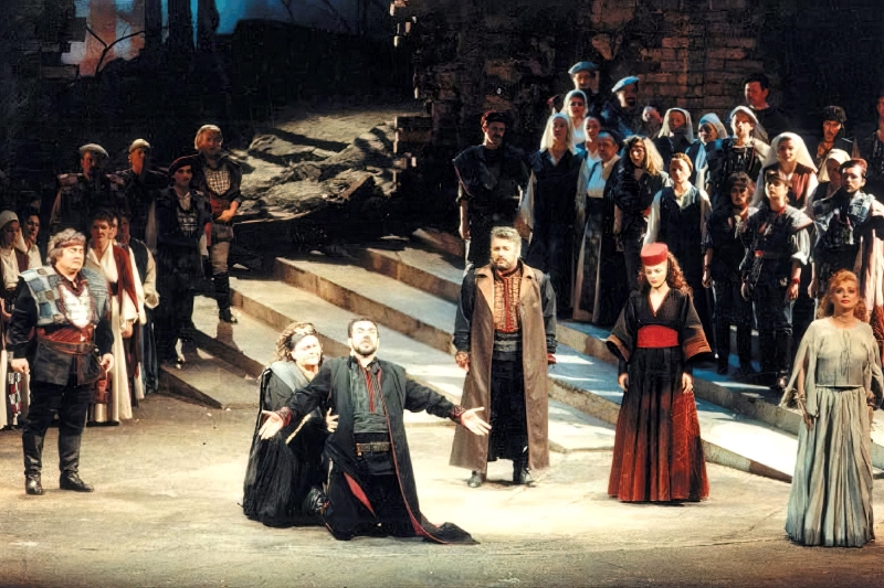 Janez Lotrič (Porin), Ivanka Boljkovac (Irmengarda), Neven Belamarić (Kocelin), Damir Fatović (Klodvig), Cecilija Car (Klotilda), Olga Šober (Zorka) i zbor Opere na premijeri <em>Porina</em>, 13. ožujka 1993. u HNK-u u Zagrebu 