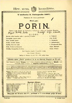 Programska cedulja s praizvedbe opere Porin Vatroslava Lisinskog u Zagrebu 2. listopada 1897.