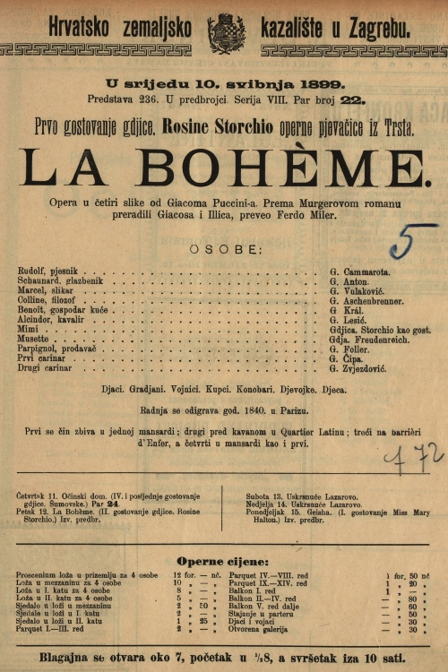Izvedba Puccinijeve opere <em>La Boheme</em> u kojoj je u ulozi Mimi nastupila Rosina Storchio, 10. svibnja 1899. Programska cedulja dio je Muzejsko-kazališne zbirke Odsjeka za povijest hrvatskog kazališta HAZU-a