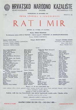 programska cedulja opere Rat i mir u HNK u Zagrebu, 1961.
