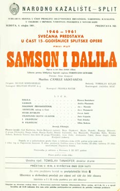Programska cedulja sa splitske premijere opere Samson i Dalila, 4. ožujka 1961.