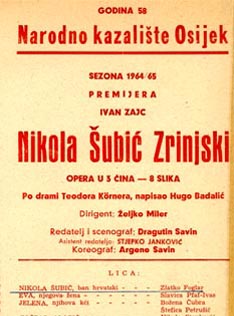 Programska cedulja nastupa Slavice Pfaf-Ivas u ulozi Eve – Ivan Zajc, Nikola Šubić Zrinjski, Narodno kazalište Osijek, 2. listopada 1964.