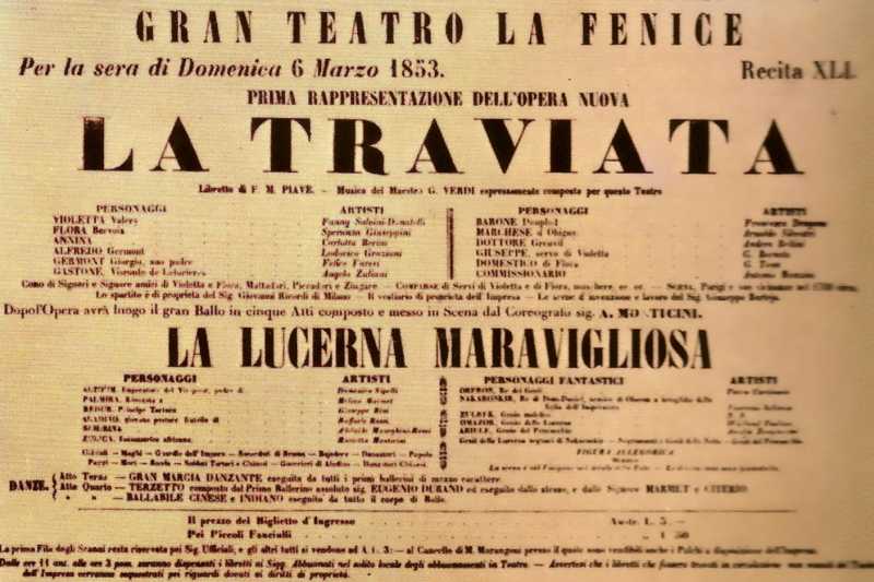 Programska cedulja praizvedbe opere <em>La traviata</em> Giuseppea Verdija u Teatru La Fenice u Veneciji 6. ožujka 1853.