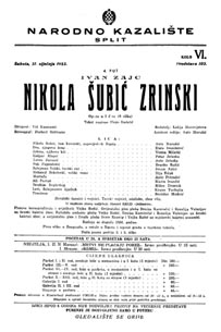 Programska cedulja nastupa Zlate Ivanišević u ulozi Eve – Ivan pl. Zajc: Nikola Šubić Zrinski, Narodno kazalište Split, 31. siječnja 1953.