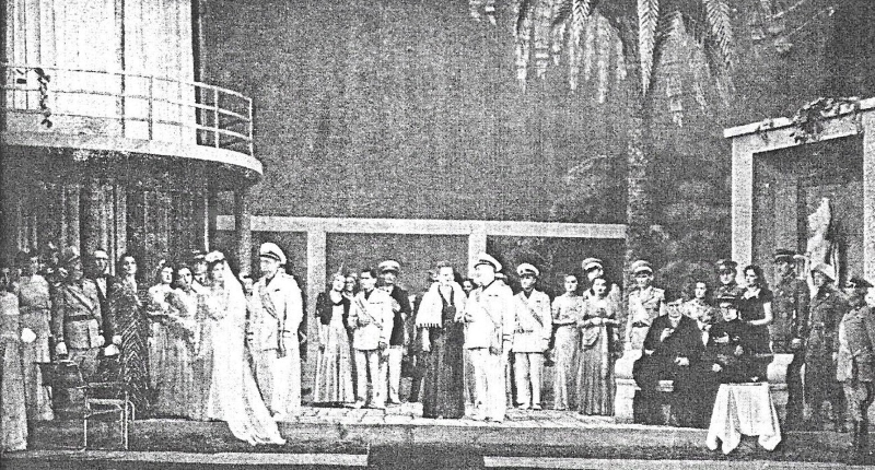 Nada Tončić (Gritty), Franjo Paulik (Albertuccio), Aleksandar Griff (Osvaldo), Tomislav Neralić (Dražić), Milivoj Kučić (Guido) i zbor Opere na prazvedbi opere <em>Dimnjaci uz Jadran</em> 20. siječnja 1951. u HNK-u u Zagrebu