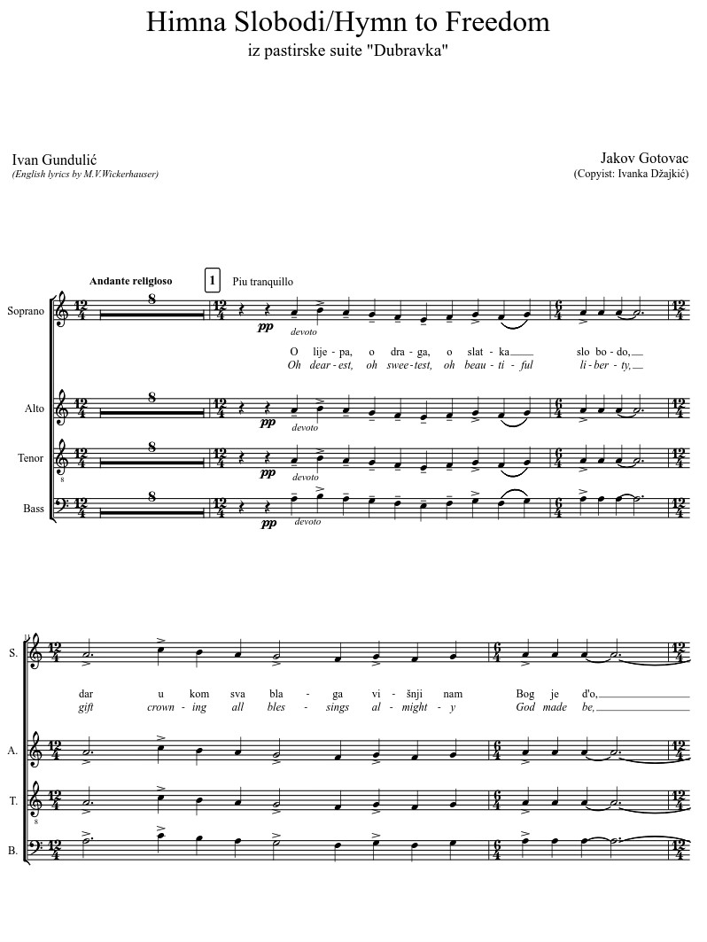 Partitura <em>Himne slobodi</em> iz pastirske suite <em>Dubravka</em>