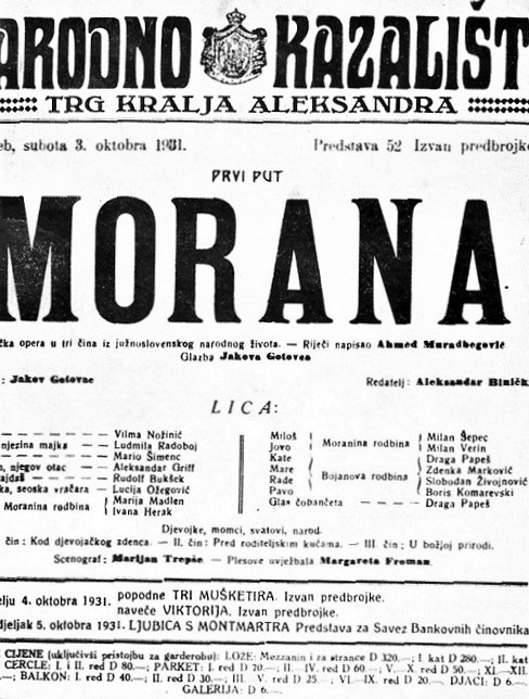 Programska cedulja prve hrvatske izvedbe <em>Morane</em>, 3. listopada 1931. u Narodnom kazalištu u Zagrebu