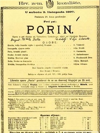 Programska cedulja praizvedbe opere Porin Vatroslava Lisinskog u Zagrebu 2. listopada 1897.