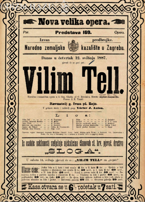 Programska cedulja praizvedbe rossinijeve opere <em>Vilim Tell</em>, 12. svibnja 1887.